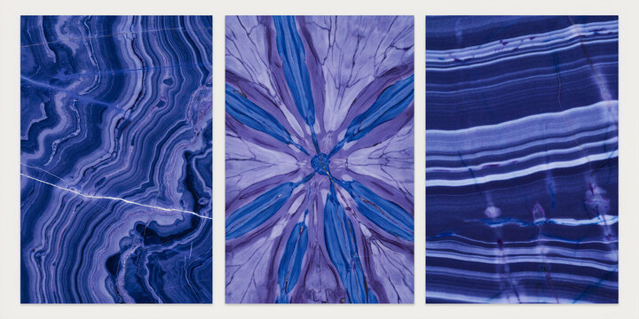 Set of three vertical panels displaying swirling blue and purple agate stone textures