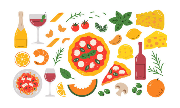Pizza Pasta Wine and Italian Food Illustration Set.