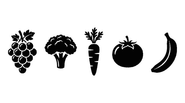 Minimalist black silhouette icons representing fresh organic produce arranged in a horizontal row format design with grapes broccoli carrot
