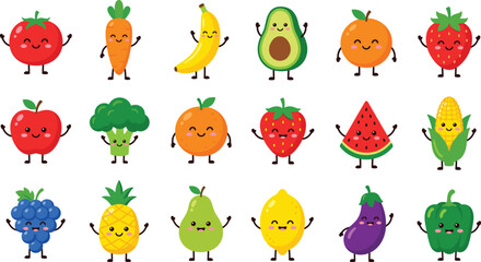 Obraz premium Cute cartoon fruits and vegetables characters set with happy faces vector illustration.