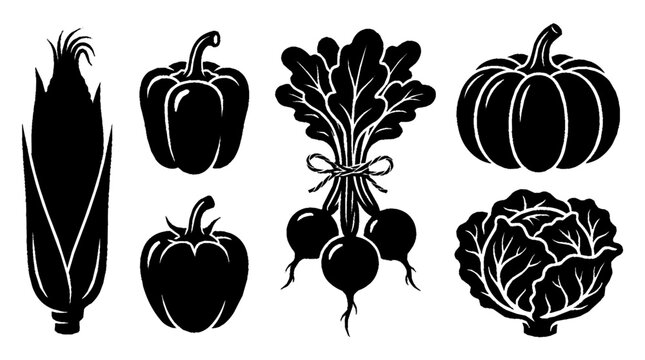 Minimalist black vegetable silhouettes collection featuring corn pepper radish pumpkin and cabbage icons for culinary design with nutrition