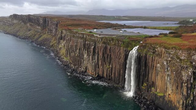 Beautiful Aerial View of Kilt Rock and Mealt Falls, Isle of Skye, Scotland &ndash; Dramatic Coastal Cliffs and Waterfall