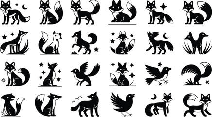 Fototapeta premium Black Fox Silhouette and Wildlife Animal Icon Set Isolated on White Background