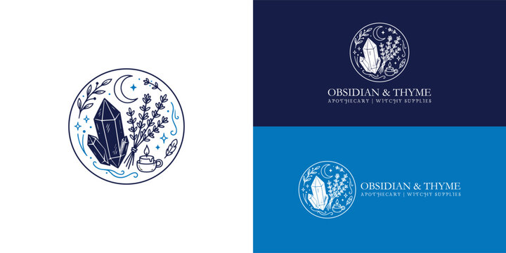 Circular witchy logo with blue and dark blue illustrations of crystals, a crescent moon, lavender, and a burning candle. Sparkles and leaves decorate the scene, surrounded by a delicate blue line.