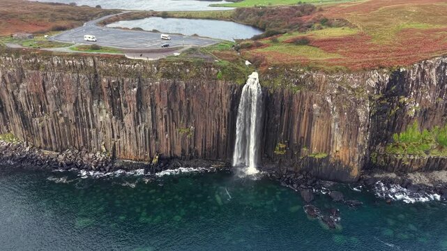 Beautiful Aerial View of Kilt Rock and Mealt Falls, Isle of Skye, Scotland &ndash; Dramatic Coastal Cliffs and Waterfall