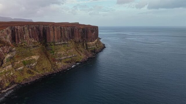 Beautiful Aerial View of Kilt Rock and Mealt Falls, Isle of Skye, Scotland &ndash; Dramatic Coastal Cliffs and Waterfall