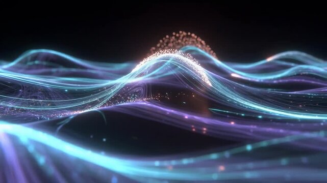 Abstract glowing light waves with spark particles in digital style on dark backdrop, concept of energy flow