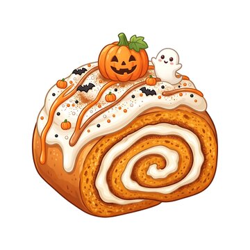 Halloween pumpkin roll cake with ghost and jack-o-lantern topper isolated on white background