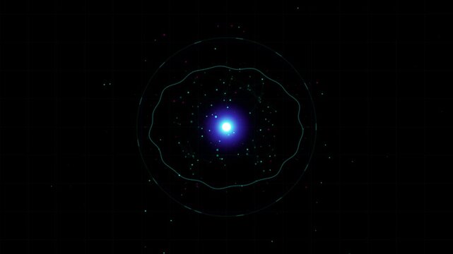Glowing abstract digital atom nucleus orbiting with particles motion video footage