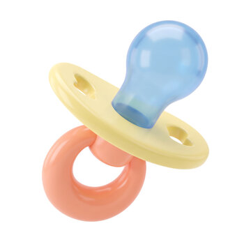 3d pacifier with blue nipple and yellow shield isolated on transparent background