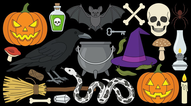 Halloween Spooky Element Set with Jack-o'-Lantern, Skull, Raven, and Witch Icons