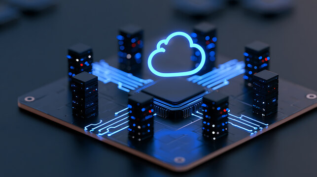 Futuristic cloud computing concept with glowing blue data servers network and central processor chip on dark circuit board background