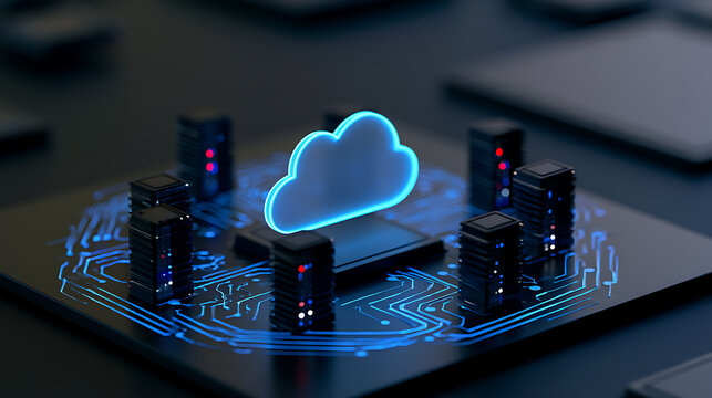 Abstract digital concept featuring a glowing blue cloud symbol surrounded by data server towers on a circuit board background for tech