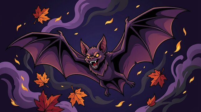 Purple bat flying through autumn leaves with spooky smoke with amidst falling autumn glowing eyes amidst illustration frightening halloween with nightmare