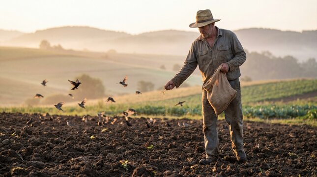 Biodynamic farmer scattering seeds by hand in field during sunrise