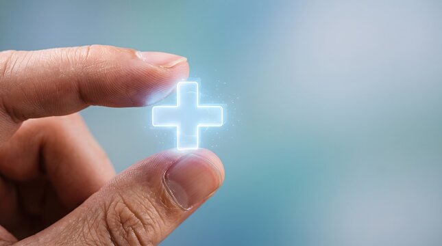 A close-up view of fingers holding a glowing digital healthcare plus symbol.
