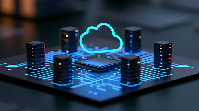 A 3d render of cloud computing infrastructure with server towers and a glowing blue cloud icon over a computer motherboard processor chip
