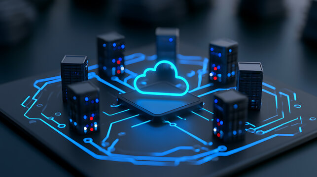 Futuristic server towers connected to a glowing blue cloud icon on a high tech computer motherboard representing modern data storage solutions