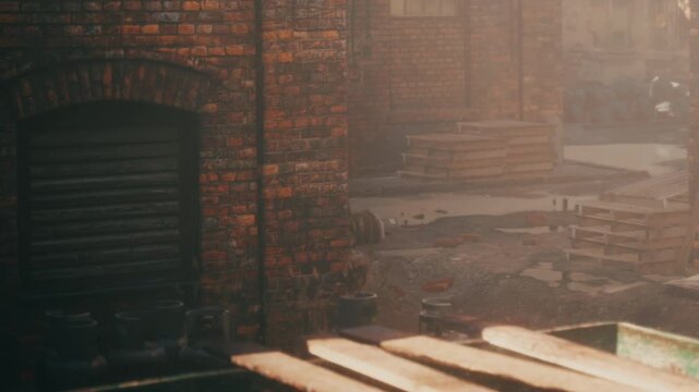 A person walks through an old brick alleyway. The ground is wet and there are wooden crates and debris scattered around. The surroundings look rundown and neglected.