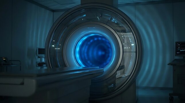 Futuristic medical scanner in dark laboratory