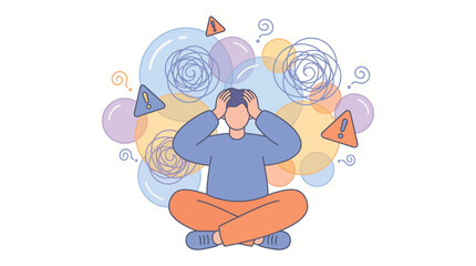 Fototapeta premium Man Experiencing Mental Health Crisis and Anxiety With Overthinking Stress Symbols