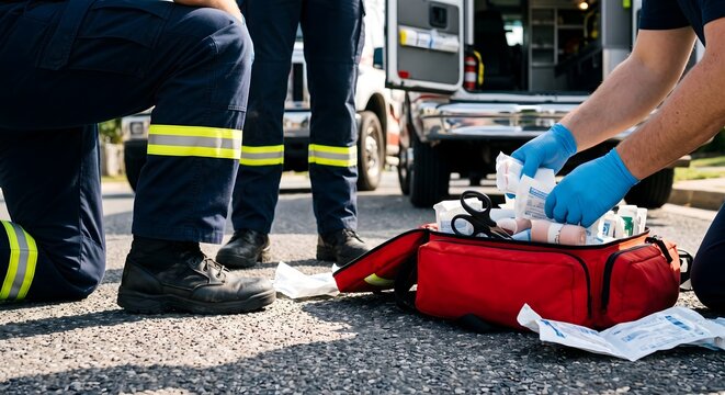Paramedics in navy blue uniforms organizing medical supplies in red equipment bag on asphalt during street scene.