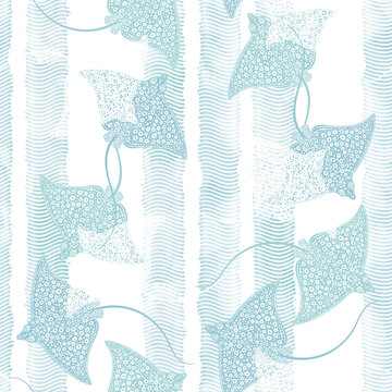 Seamless vector pattern with stingrays and waves on blue watercolor background. Sea stylish background. Perfect for wallpaper, wrapping, fabric, print and textile.