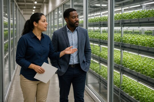 Vertical Farm Operations Manager Walking Urban Planner Through