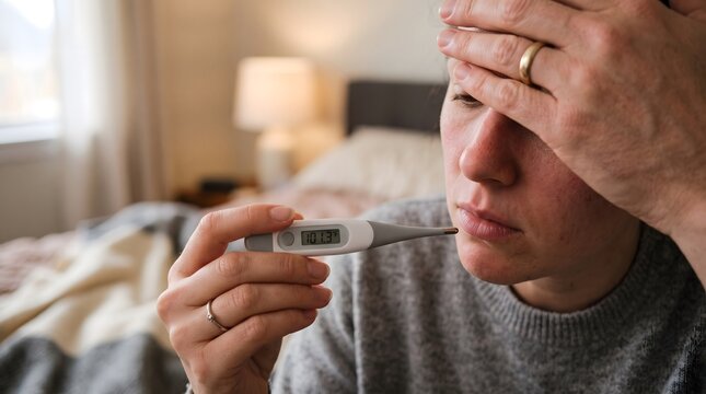 A person holding a digital thermometer displaying a high temperature while resting indoors.