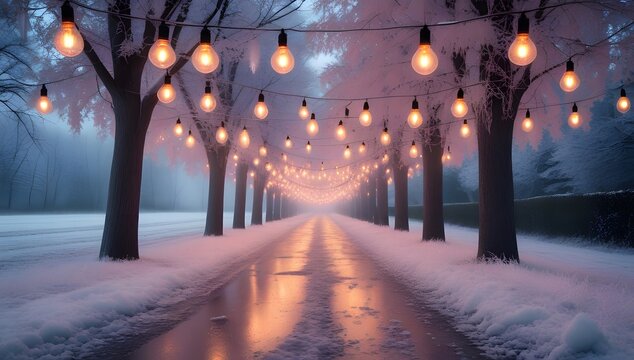 Snow-covered urban park pathway illuminated by vintage street lamps at twilight