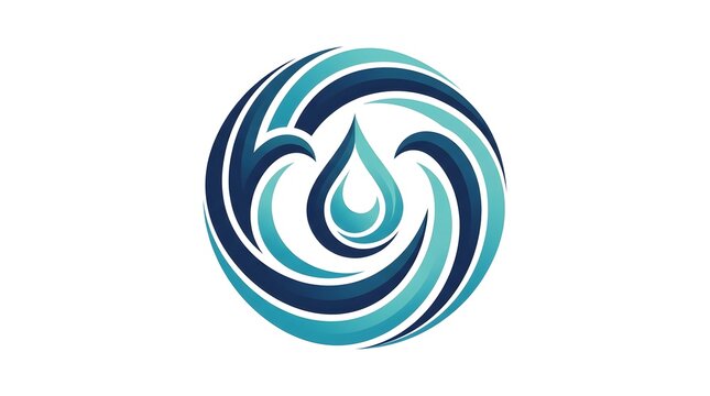 Abstract circular logo design featuring a water drop icon surrounded by swirling waves in shades of blue