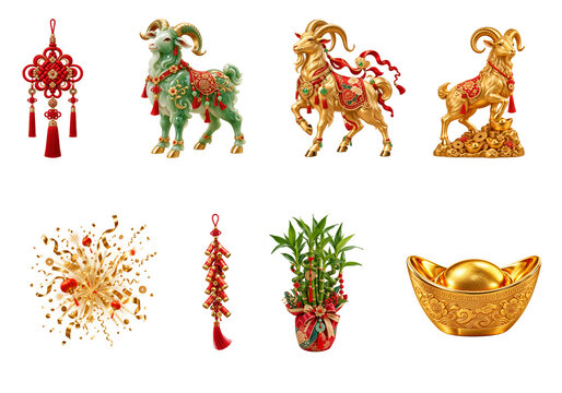2027 Year of the Goat Lunar New Year Zodiac Collection with Goat Figurines Lucky Bamboo and Gold Ingot on transparent background.