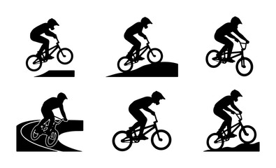 Fototapeta premium BMX Bicycle Silhouettes, Extreme Sports Action Poses, Dynamic Cycling Vector Graphics, Rider Performing Tricks on Bike