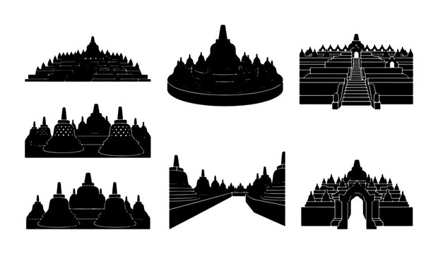 Borobudur Temple Silhouettes, Ancient Buddhist Architecture Vector Icons, Spiritual Landmark Collection, Monumental Stupa Designs