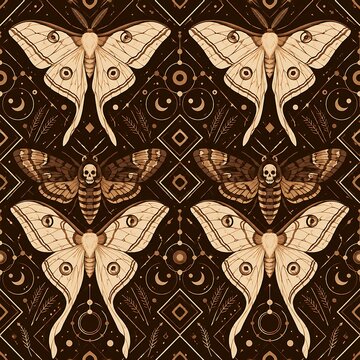 Mystical Moth and Death Head Skull Seamless Pattern for Halloween Occult Background