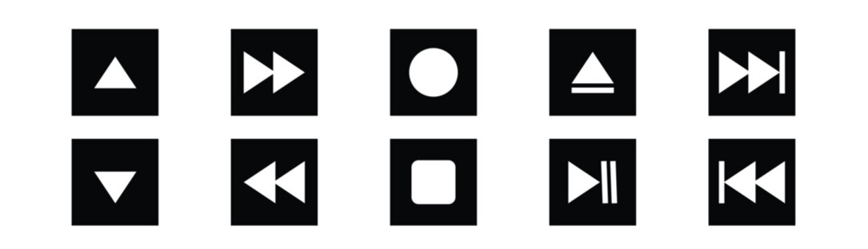 Media player control buttons icon set vector illustration featuring play pause record stop rewind fast forward eject symbol for audio video interface design