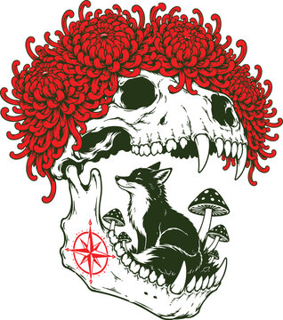 Chrysanthemum Skull With Fox And Compass illustration