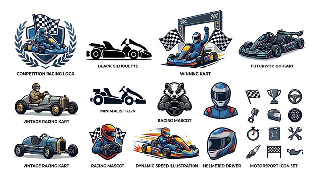 Collection of go-karting and motorsport vector illustrations, featuring racing logos, vintage karts, modern racing drivers, and various automotive icons.