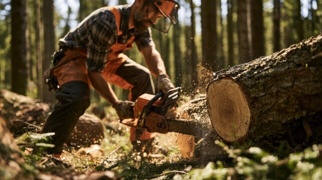 Professional lumberjack cutting large log with chainsaw in dense forest wearing protective gear and safety equipment during outdoor timber harvesting work