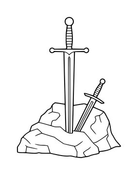 A black and white line of two medieval swords stuck firmly into a large jagged stone rock