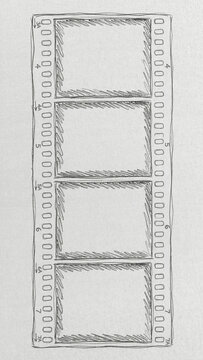 Hand drawn vertical 35mm photographic film strip featuring four empty rectangular frames, sprocket holes, frame numbers and rough pencil shading on textured white paper.