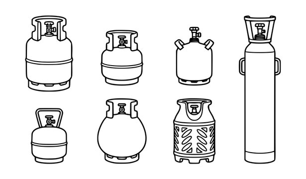 Gas cylinder line art icon set with LPG cooking and industrial cylinder outline vectors
