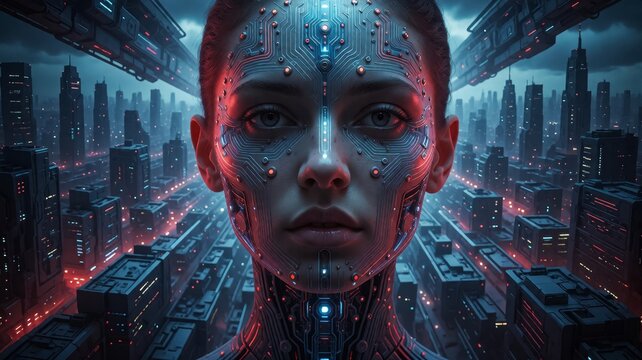 Cybernetic Woman Face with Futuristic Cityscape