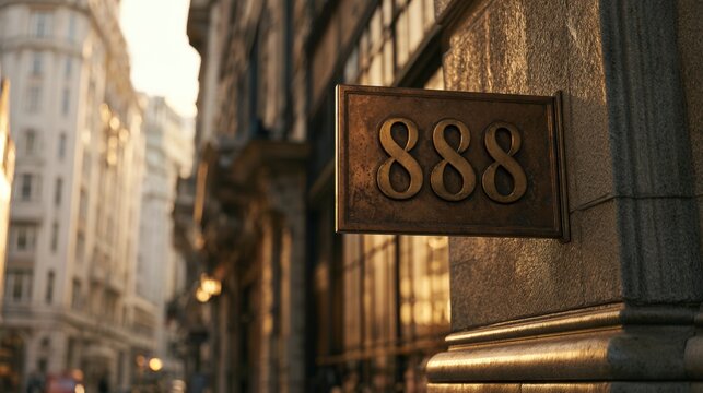 Vintage brass address plaque with number 888 attached to textured stone wall on historic urban street during golden hour sunlight