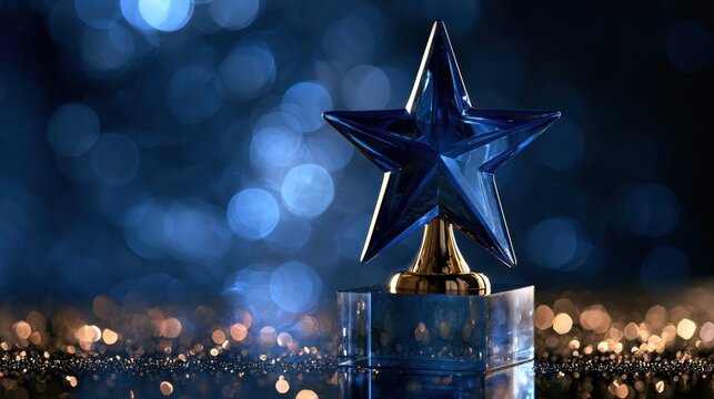 Shiny blue star shaped award trophy on glittery surface with bokeh light background for celebration achievement recognition concept