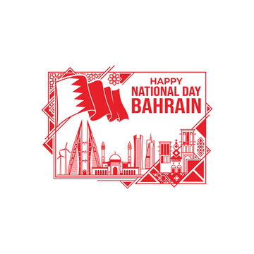 Happy Bahrain National Day celebration design with national flag and iconic city skyline illustration.