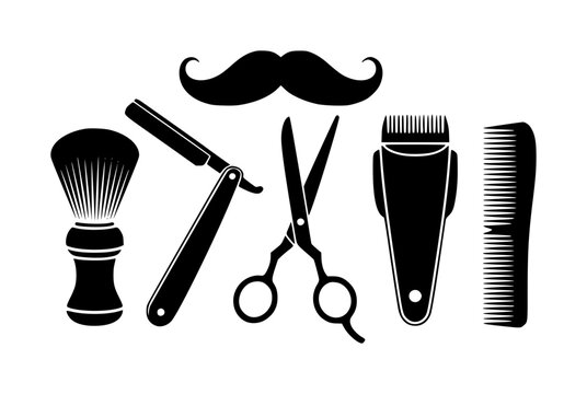 A collection of black silhouette representing barber shop tools and a classic mustache