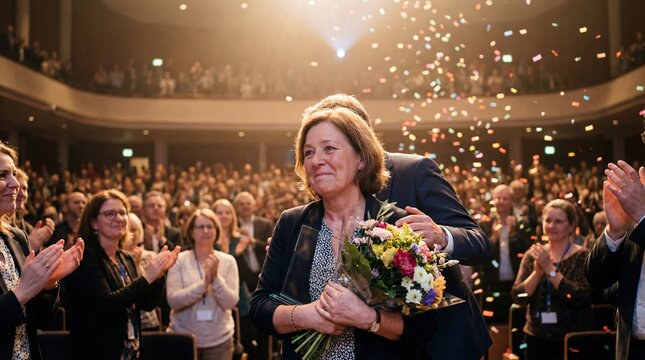 Woman receiving award on stage with audience cheering and celebrating success