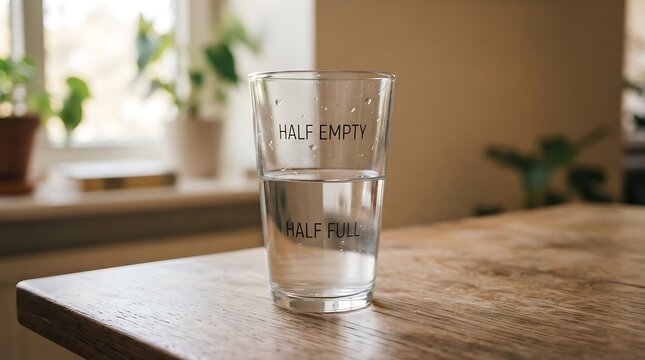 A clear glass of water half filled with liquid, sitting on a wooden table with the words half empty and half full printed on the glass surface