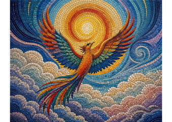 Fototapeta premium A colorful phoenix bird flying in the night sky with glowing stars and clouds